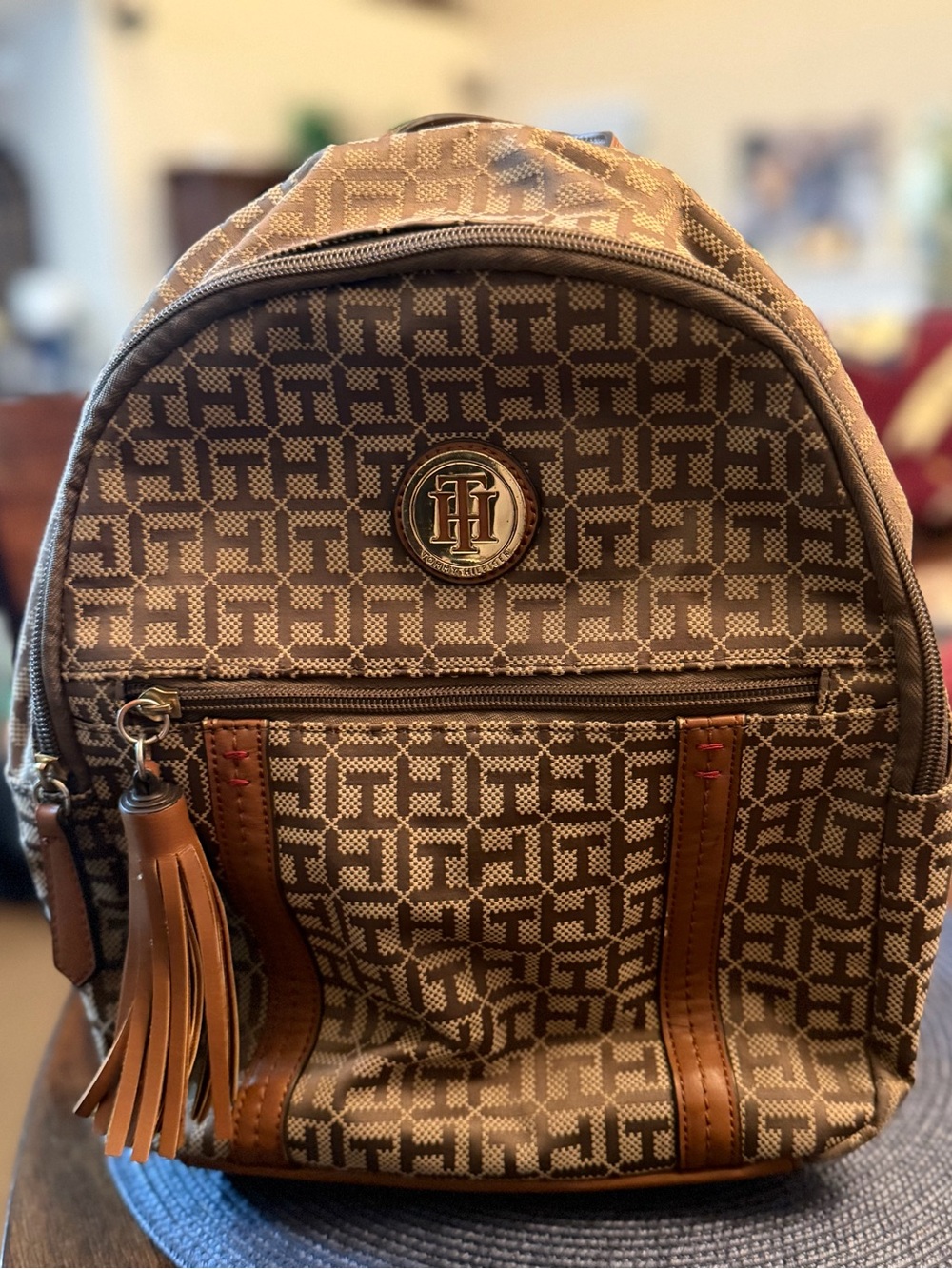 Tommy Hilfiger Monogram Mini Backpack Brown with Tan Tassel